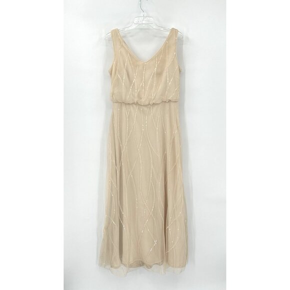 BILL LEVKOFF formal dress gown tulle sequins sleeveless full length champagne 12 - Picture 2 of 9